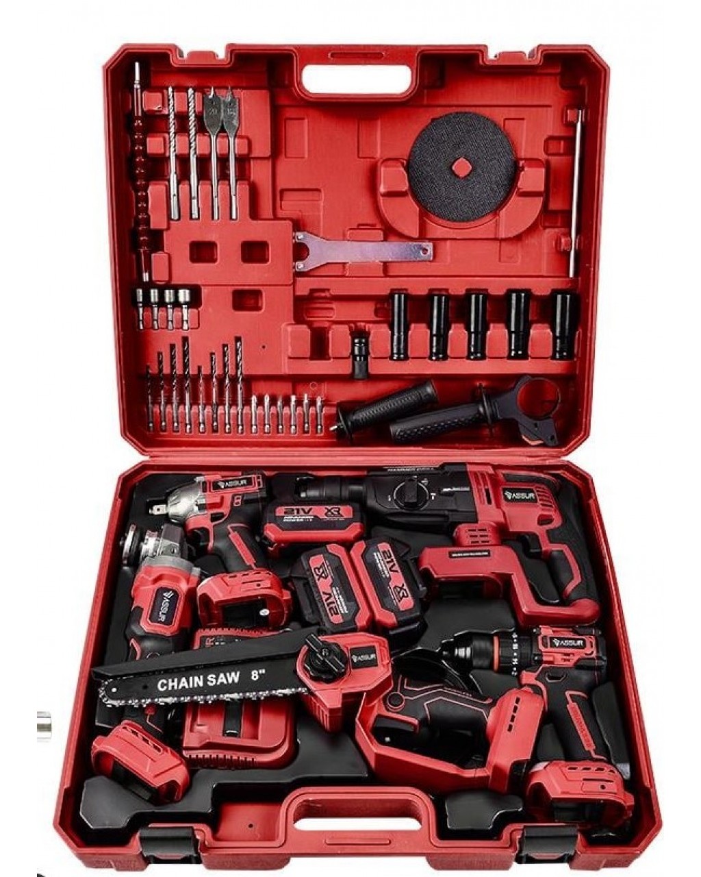 ASSUR 21V 5'li Set ; Taşlama - Darbeli Somun Sıkma - Kırıcı Delici Hilti - Darbeli Vidalama - Budama Testeresi