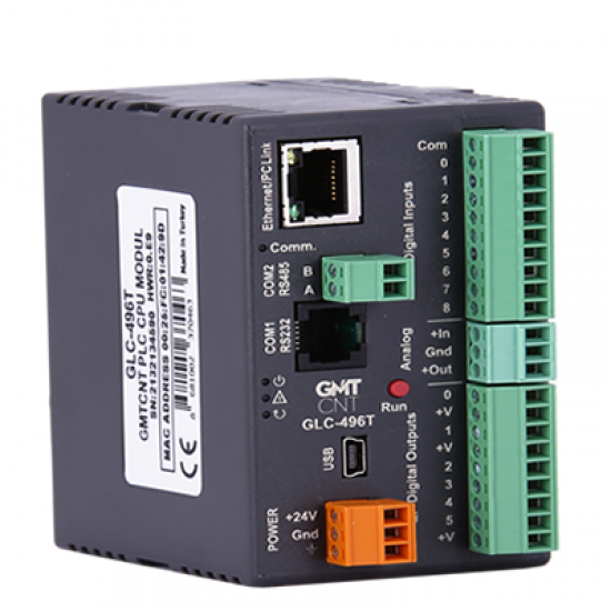GLC - 496T 9 Dijital Giriş,6 Transistör Çıkış,1 Analog Giriş,1 Analog Çıkış,RTC,WMI,GMT Scada (Çıkışlar PNP transistördür) 3 Kanal 400 kHz Pulse Çıkışı GLC - 496T 9 Dijital Giriş,6 Transistör Çıkış,1 Analog Giriş,1 Analog Çıkış,RTC,WMI,GMT Scada (Çıkışlar PNP transistördür) 3 Kanal 400 kHz Pulse Çıkışı