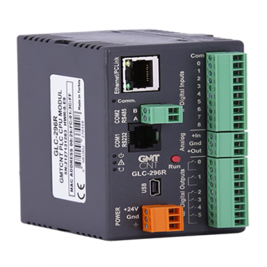 GLC-496R  9 Dijital Giriş,6 Kanal (5A @ 250 VAC) Röle Çıkış,1 Analog Giriş,1 Analog Çıkış,RTC,WMI  GMT Scada