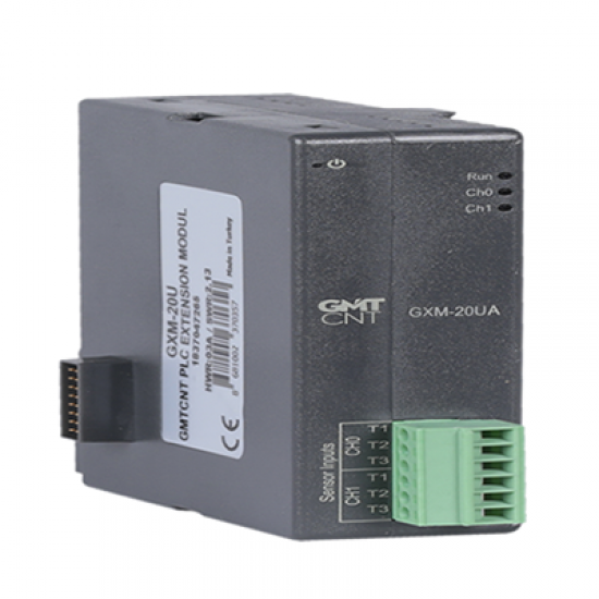 GXM-20UA 2 Kanal üniversal sıcaklık giriş modülü  Termokupl ( B,E,J,K,N,R,S,T)  PT-100,PT-1000,NTC (10k@25°C)  0-60 mVDC  0-20 Ohm direnç PLC Genişleme Modülü