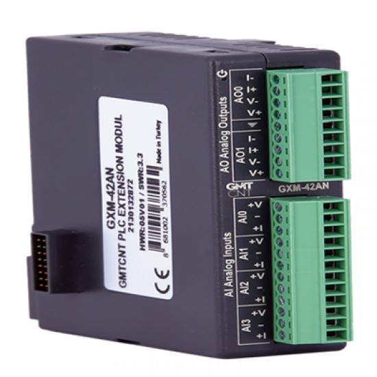 GXM-42AN 4 Kanal 0-10 VDC,0-20 mA,4-20 mA analog giriş (14 bit Çözünürlük)  2 Kanal 0-10 VDC,0-20 mA,4-20 mA analog çıkış (14 bit Çözünürlük) PLC Genişleme Modülü