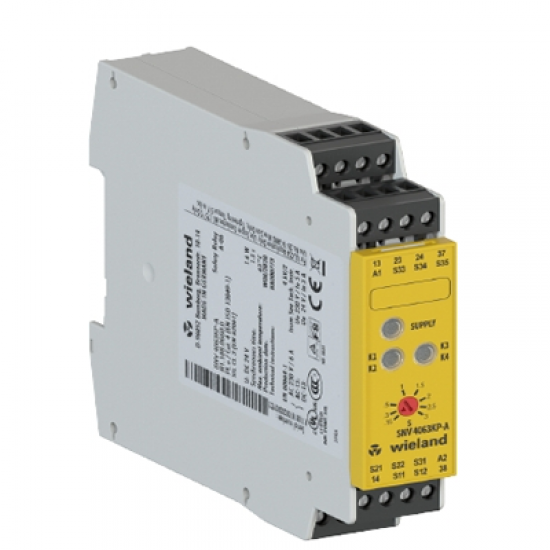 R1.188.0680.0 SNV4063KP-A 30S SIL3-PLe-Acil Stop Güvenlik Rölesi / Oto-Manuel Başlatma / 2NO-1NO(Gecikmeli açılan 30sn) / Manyetik Switchler / Emniyet Kapıları / Tip4-2 Işık Bariyerleri / Vidalı Bağlantı